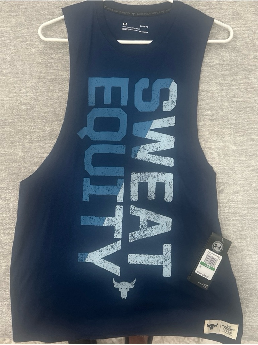 Under Armour Men’s Navy Blue Sleeveless Swim/Workout Tank with 'SWEAT' Graphic